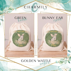 Könnte beinhalten: Zwei personalisierte Ostergeschenktüten mit einem grünen und goldenen Design mit einem Quokka. Die Taschen sind mit "Green Bootie" und "Bunny Ear Crown" beschriftet und tragen die Namen "Evie" und "Mac" auf jeder Tasche.