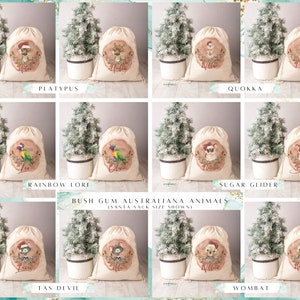 May include: Set of 8 Christmas gift bags featuring Australian animals. Each bag is made of natural canvas fabric and features a different animal with a festive Santa hat. The animals include a platypus, quokka, rainbow lori, sugar glider, tas devil, and wombat. The bags are perfect for holding small gifts or treats.