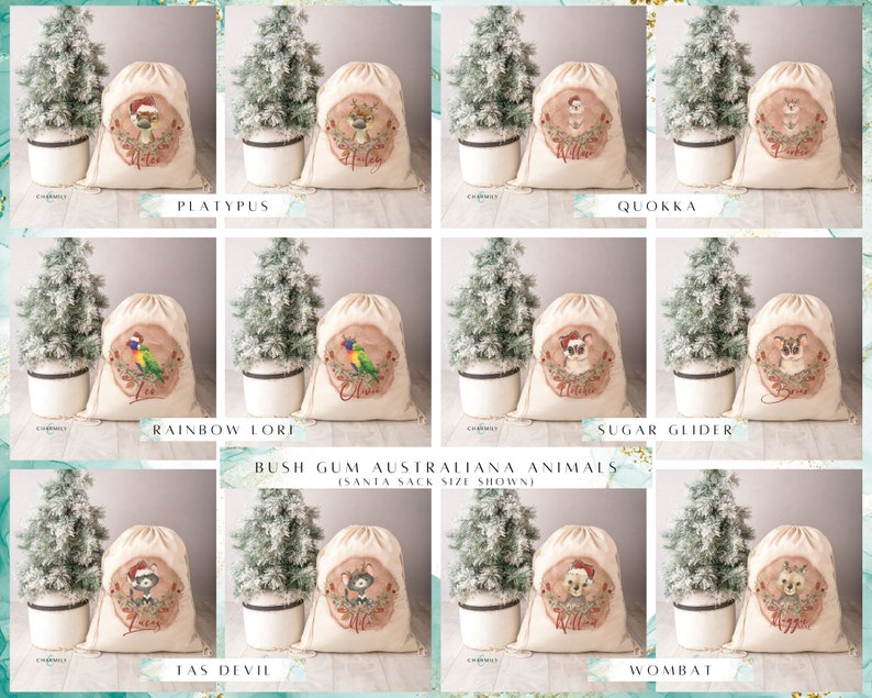 May include: Set of 8 Christmas gift bags featuring Australian animals. Each bag is made of natural canvas fabric and features a different animal with a festive Santa hat. The animals include a platypus, quokka, rainbow lori, sugar glider, tas devil, and wombat. The bags are perfect for holding small gifts or treats.