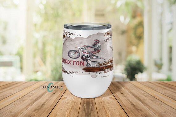 Dirtbike Madness Stemless Wine Tumbler | 12 oz | Personalised or  Non-Personalised | Insualted Tumbler!