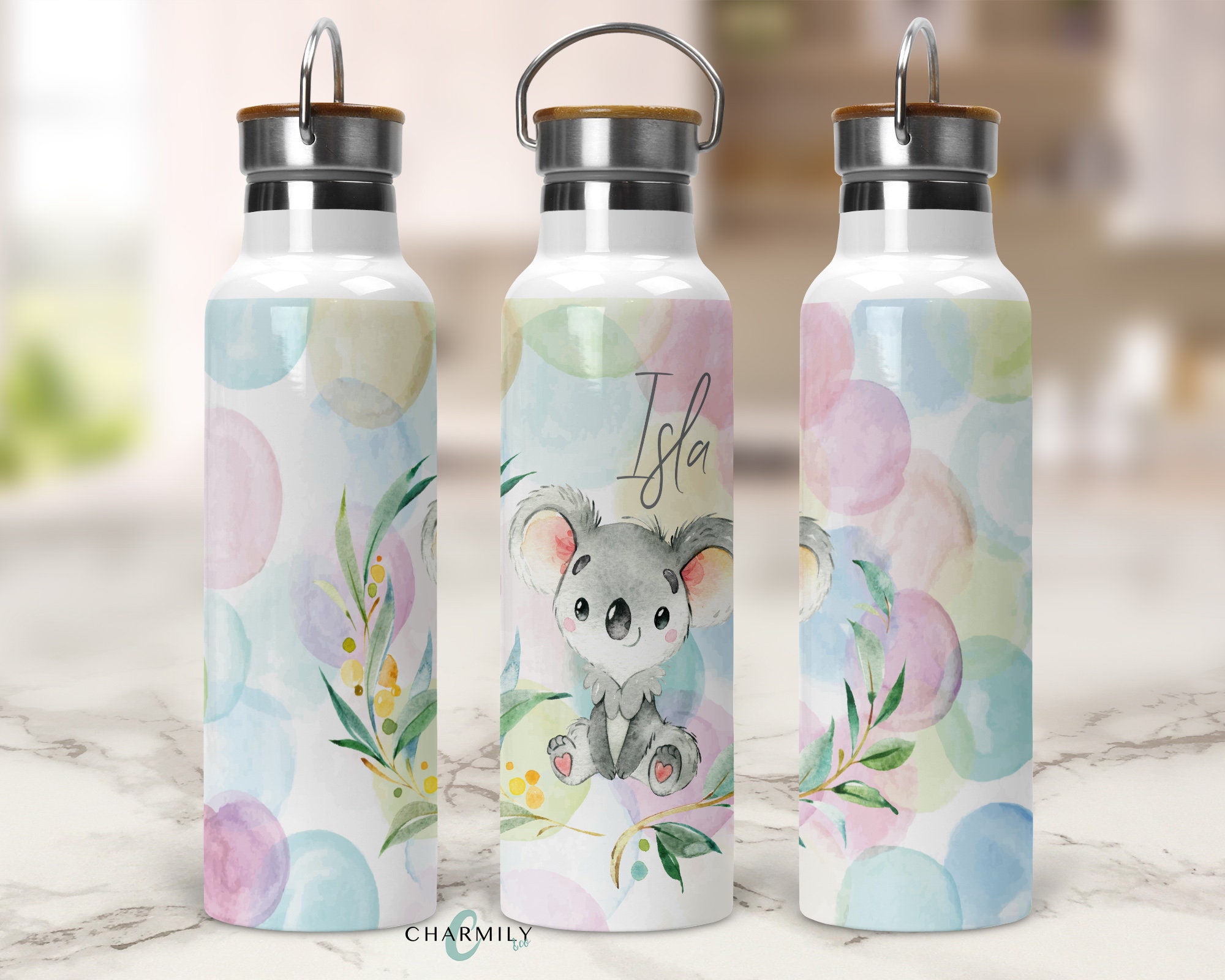 Koala Insulated Water Bottle | 750mls | Bamboo Handle Lid | Personalised | Non-Personalised