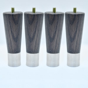 Mid-Century Modern Oak Furniture Legs: Dark Wood with Steel Ferrule - Set of 4
