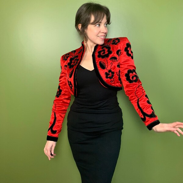 Vintage 80s Victor Costa Bolero | Cropped Jacket | Red Silk Satin | Black Velvet Soutache Braid Trim | Matador Cocktail Party Style