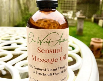 Huile de massage sensuelle aromathérapie à base d'huiles essentielles d'ylang-ylang, d'orange et de patchouli - Commerce équitable - Végétalien - Sans cruauté envers les animaux