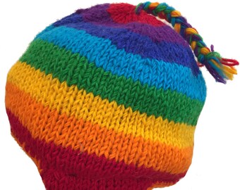 Handknit Rainbow Earflap Hat - 100% Wool with Fleece Lining - Fair Trade