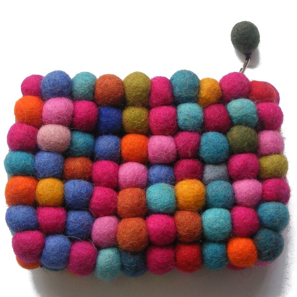 Borsa arcobaleno - Design a sfera di feltro arrotolato a mano - 100% feltro Fairtrade - Fatto a mano a Kathmandu, in alto nell'Himalaya