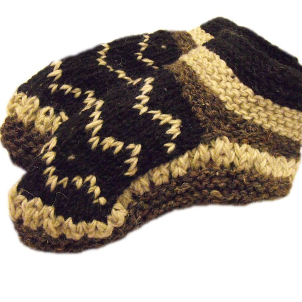 Hand Knit  Wool Traditional Black & White Tibetan House Slippers - Fair Trade - Fleece Lined