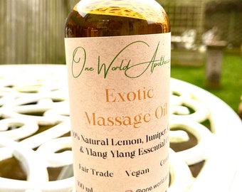 Huile de massage exotique aromathérapie à base d'huiles essentielles de citron, de genévrier, de gingembre et d'ylang-ylang - Commerce équitable - Végétalien - Sans cruauté envers les animaux