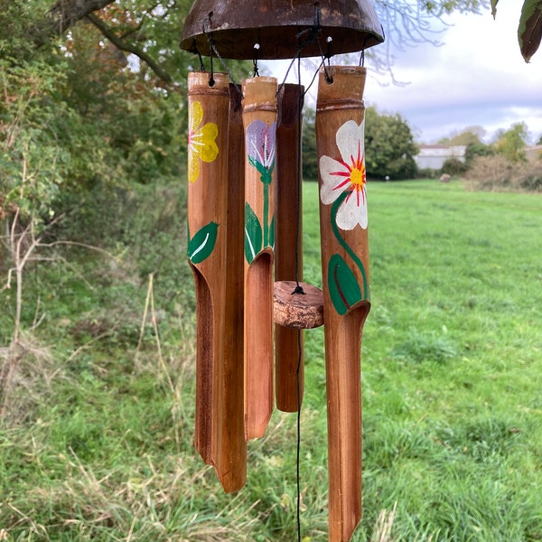 Bamboo Wind chime/Windchime for indoor and outdoor use, Painted Tropical Flower Design Lovely Sound, Medium & Large Sizes Fair Trade