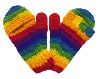 Handknit Wool Rainbow Fingerless Gloves with mitten cover - Fair Trade