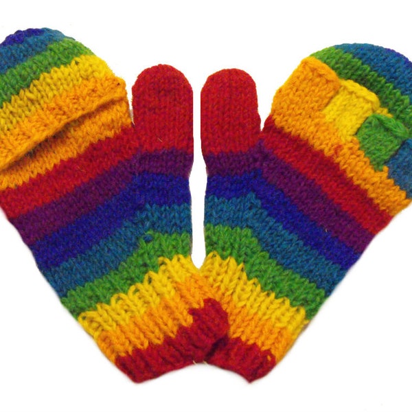 Handknit Wool Rainbow Fingerless Gloves with mitten cover - Fair Trade