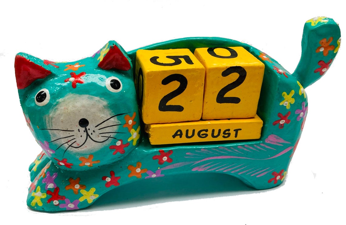 Contemporary Perpetual Cat Calendar Hand Carved Wood Hand Etsy UK