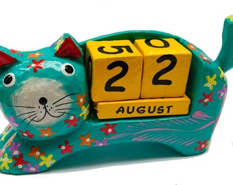 Perpetual  Calendar - Contemporary Cat Design - Hand Carved Wood - Hand Painted - Fair Trade
