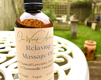 Huile de massage relaxante aromathérapie à base d'huiles essentielles de lavande, de menthe poivrée et de camomille - Commerce équitable - Végétalien - Sans cruauté envers les animaux