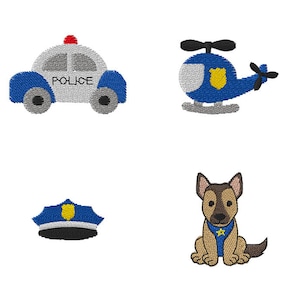 Mini Build Your Own Police Machine Embroidery Design Set (Police Car, Hat, Helicopter, Shepherd)  - INSTANT DOWNLOAD