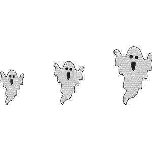 May include: Three gray ghost illustrations of varying sizes on a white background. Each ghost has a simple design with a wide open mouth and two eyes. The ghosts are a Halloween theme.