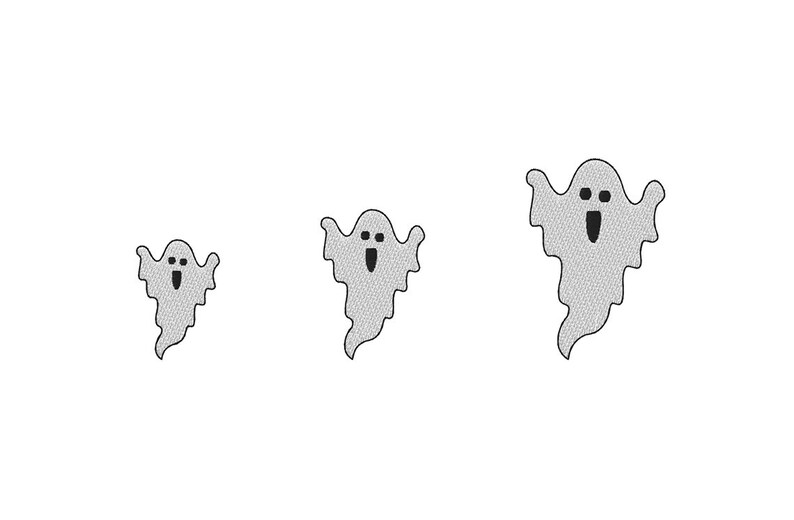 May include: Three gray ghost illustrations of varying sizes on a white background. Each ghost has a simple design with a wide open mouth and two eyes. The ghosts are a Halloween theme.