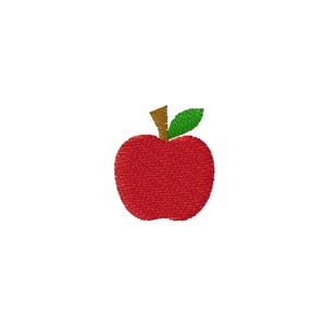 May include: Embroidered red apple with a brown stem and green leaf. The apple is a vibrant red color and has a textured appearance. The design is simple and clean, perfect for a variety of craft projects.