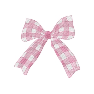 Könnte beinhalten: Eine dekorative Schleife mit einem rosa-weißen Vichy-Karo-Muster. Das Design ist mit sichtbaren Stickstichen ausgeführt, was der Oberfläche der Schleife und ihren zwei langen, herabhängenden Enden ein strukturiertes Aussehen verleiht.