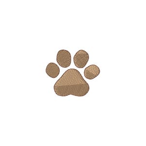 May include: A tan-colored paw print with five pads, embroidered on a white background. The paw print is a symbol of pets and animals.