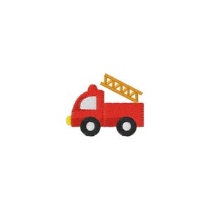 May include: A red embroidered fire truck with a yellow ladder on top. The fire truck has black wheels with white centers, a yellow headlight, and a white window. This design is suitable for children's apparel and accessories.
