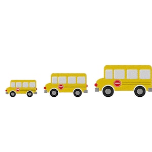 May include: Three yellow school buses of varying sizes are displayed against a white background. Each bus has black wheels, a red stop sign, and windows. The buses are arranged from smallest to largest.