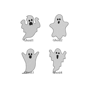 May include: Four gray ghost illustrations with black facial features and the text "Ghost1", "Ghost2", "Ghost3", and "Ghost4" below each. The ghosts have different shapes and expressions, perfect for Halloween.