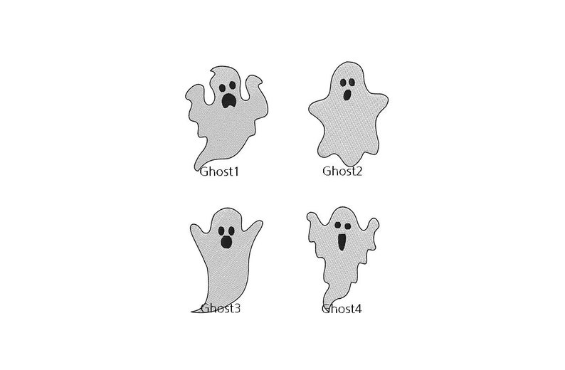 May include: Four gray ghost illustrations with black facial features and the text "Ghost1", "Ghost2", "Ghost3", and "Ghost4" below each. The ghosts have different shapes and expressions, perfect for Halloween.