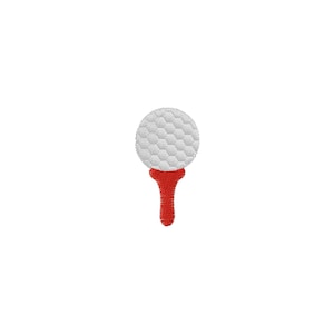 Può includere: Una pallina da golf bianca con superficie a fossette è posizionata sopra un tee da golf rosso brillante. Il tee ha la forma di una T e la pallina è centrata sopra. L'immagine è su sfondo bianco.
