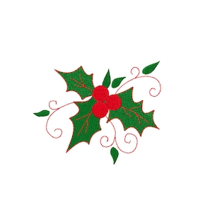 May include: Embroidered holly sprig with three red berries, green leaves, and red veins and stems. The design features a festive Christmas theme, perfect for holiday crafts and decorations. The image is set against a white background.