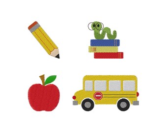 Mini Back to School Machine Embroidery Design Set (Apple, Worm, Pencil, School Bus) - INSTANT DOWNLOAD - Embroidery File
