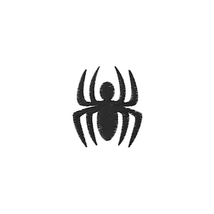 May include: A black spider emblem on a white background. The spider has eight legs and a rounded body. The design is a simple, stylized illustration, suitable for various applications.