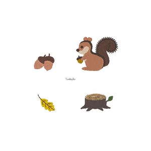 Mini Autumn Machine Embroidery Design Set- Mini Squirrel, Mini Acorn, Fall Leaf, Tree Stump- INSTANT DOWNLOAD