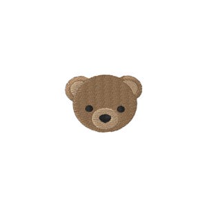May include: A brown teddy bear face with black eyes and a black nose. The bear's head is round with small, rounded ears. The image is a close-up of the bear's face, with a white background.