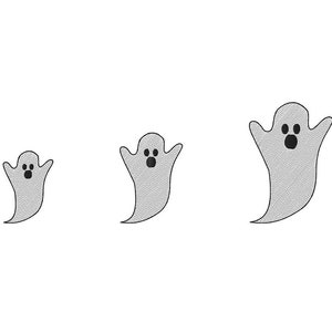 May include: Three gray ghost illustrations of varying sizes, each with a simple design and open arms. The ghosts have black eyes and mouths, set against a plain white background. A spooky Halloween theme.