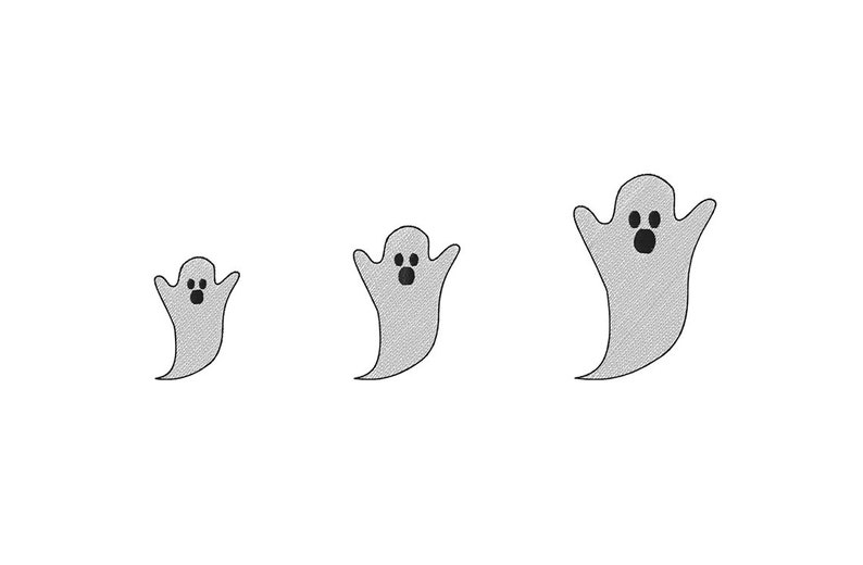 May include: Three gray ghost illustrations of varying sizes, each with a simple design and open arms. The ghosts have black eyes and mouths, set against a plain white background. A spooky Halloween theme.