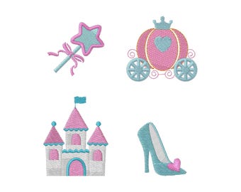 Mini borduurset 'Maak je eigen prinses' (pompoenkoets, toverstaf, glazen muiltje, kasteel) - DIRECT TE DOWNLOADEN