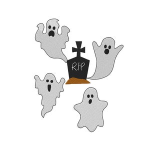 May include: A Halloween-themed illustration featuring a black tombstone with "RIP" inscribed, surrounded by four cartoon ghosts. The ghosts are gray with open mouths, and the tombstone is set on a small mound of brown dirt.