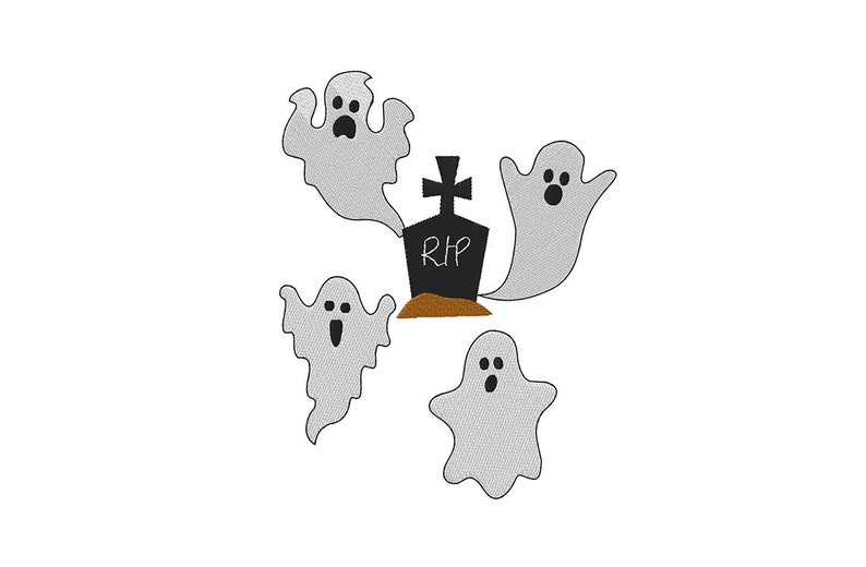 May include: A Halloween-themed illustration featuring a black tombstone with "RIP" inscribed, surrounded by four cartoon ghosts. The ghosts are gray with open mouths, and the tombstone is set on a small mound of brown dirt.