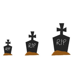 May include: Three black tombstones with a cross on top and the letters "RIP" in white. Each tombstone is set on a small mound of brown dirt. The tombstones are of varying sizes.