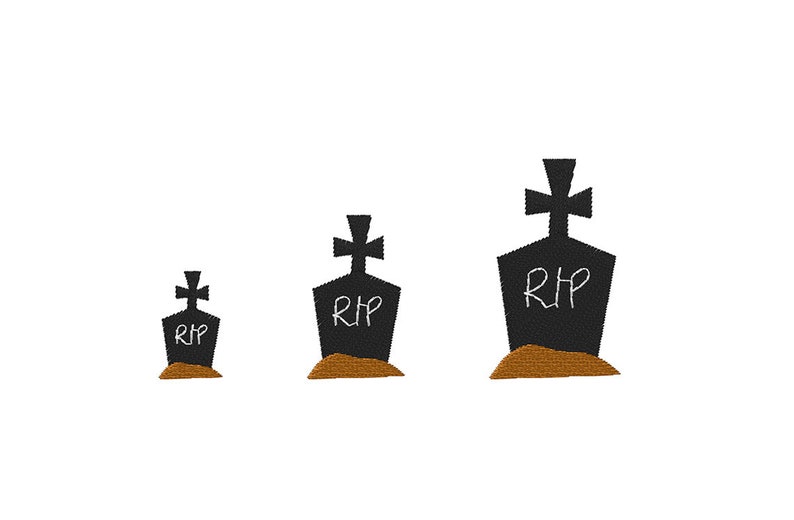 May include: Three black tombstones with a cross on top and the letters "RIP" in white. Each tombstone is set on a small mound of brown dirt. The tombstones are of varying sizes.