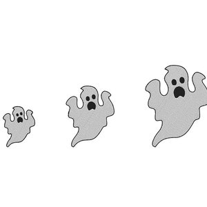 May include: Three gray cartoon ghosts of varying sizes float against a white background. Each ghost has a simple, open-mouthed expression and a textured appearance. The image is suitable for Halloween-themed products.