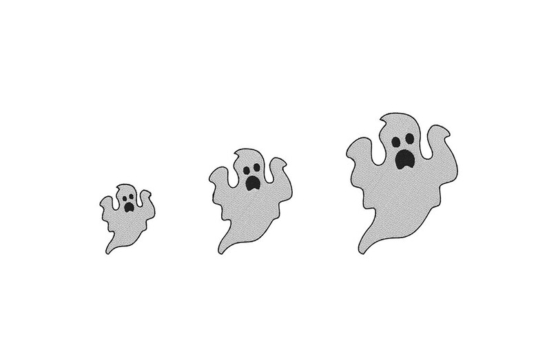 May include: Three gray cartoon ghosts of varying sizes float against a white background. Each ghost has a simple, open-mouthed expression and a textured appearance. The image is suitable for Halloween-themed products.