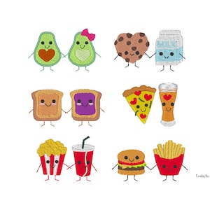 Mini Kawaii Machine Embroidery Design Set (avocado, cookie and milk, pbj, popcorn and coke, hamburger and fries, pizza and beer )