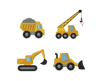 Mini Construction Vehicle Machine Embroidery Design Set (Dump Truck, Crane Truck, Excavator, Wheel Loader) - INSTANT DOWNLOAD
