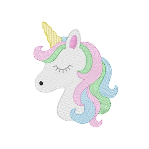 May include: Embroidered unicorn head with a yellow horn, pink, green, and blue mane, and closed eyes. The unicorn is white with a textured, stitched appearance, set against a white background. A whimsical design.