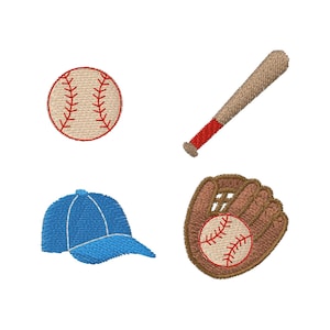 May include: An embroidery design featuring a beige baseball with red stitching, a brown wooden baseball bat with a red handle, a solid blue baseball cap, and a brown leather baseball glove holding a beige baseball with red stitching.