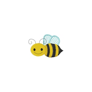 May include: Embroidered bee design with a yellow head, black and yellow striped body, and light blue wings. The bee has a smiling face and black antennae. This design is suitable for various craft projects.