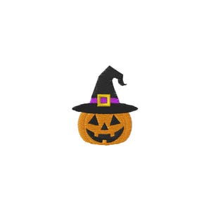 May include: An embroidered patch featuring an orange jack-o'-lantern with a black carved face wearing a black witch hat. The hat has a purple band and a yellow square buckle. The design is rendered in dense thread stitching on a plain white background.