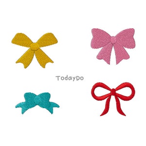May include: Four embroidered bows in gold, pink, teal, and red. The bows are detailed with textured stitching and are set against a white background. The text "TodayDo" is in the centre.